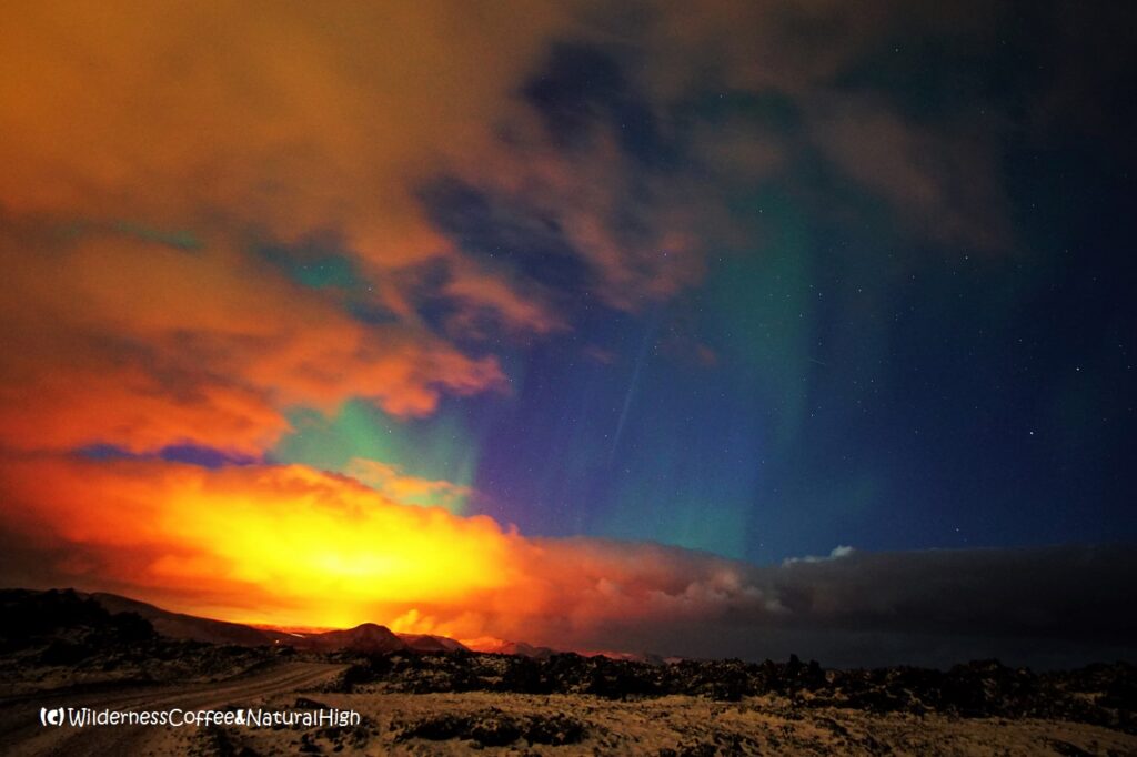 Volcano eruption and northern lights, Grindavik, Iceland.